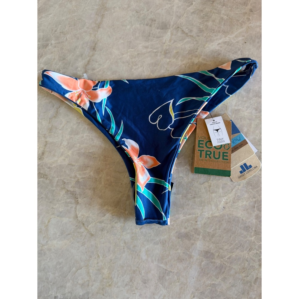 NWT Volcom Beach U To It Tiny Bikini Bottoms Navy Floral XS O2512302 Eco True